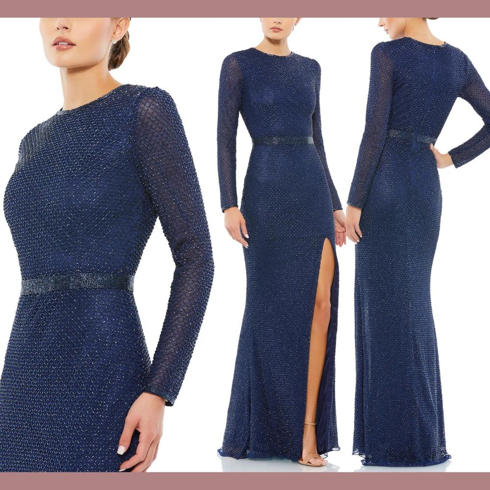 New $498 Mac Duggal [ 6 ] Beaded High Neck Long Sleeve Gown Midnight Blue #J107
